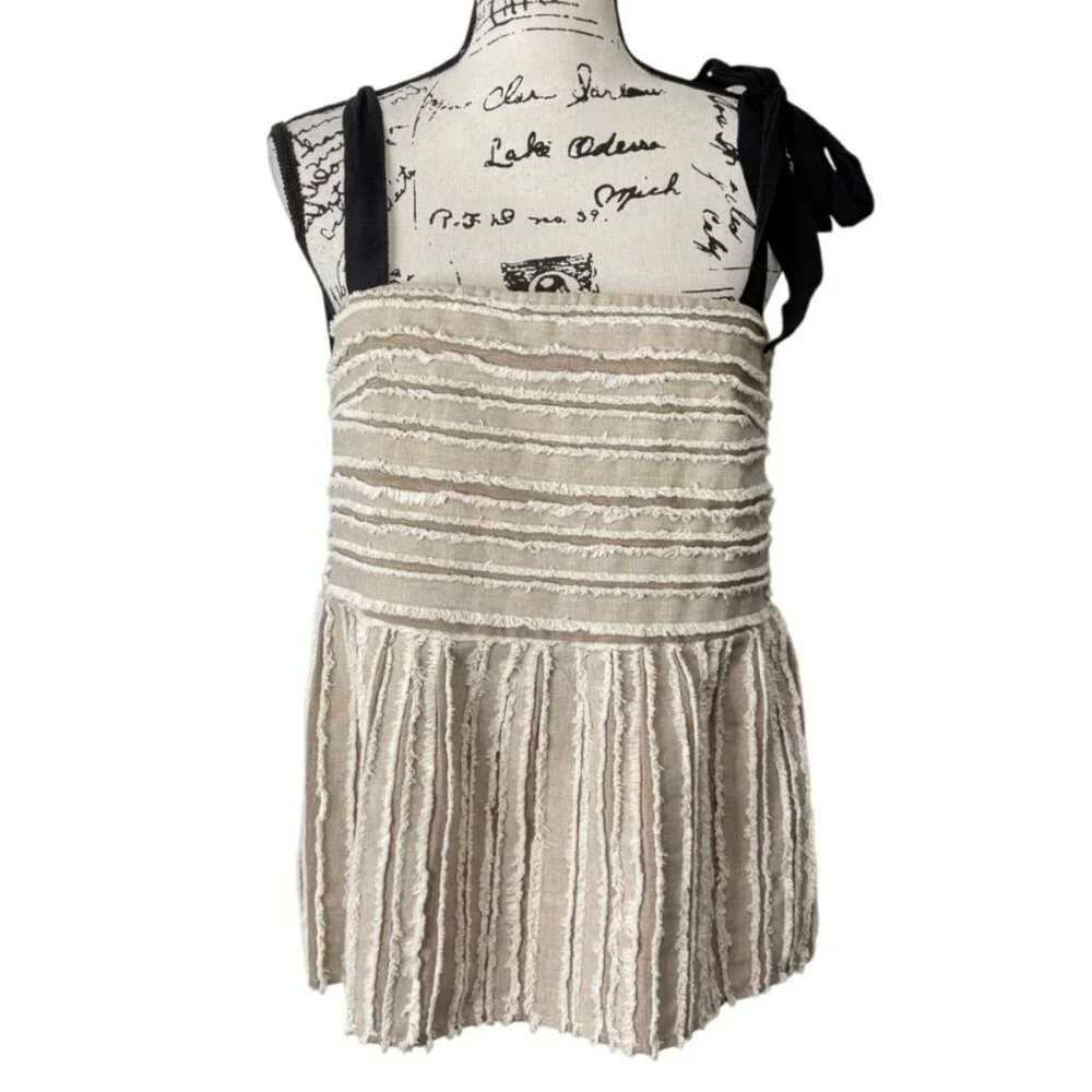 Anthropologie Maeve Soeli Textured Fringe Tank Top Black Ribbon Strap Size M - Picture 2 of 8